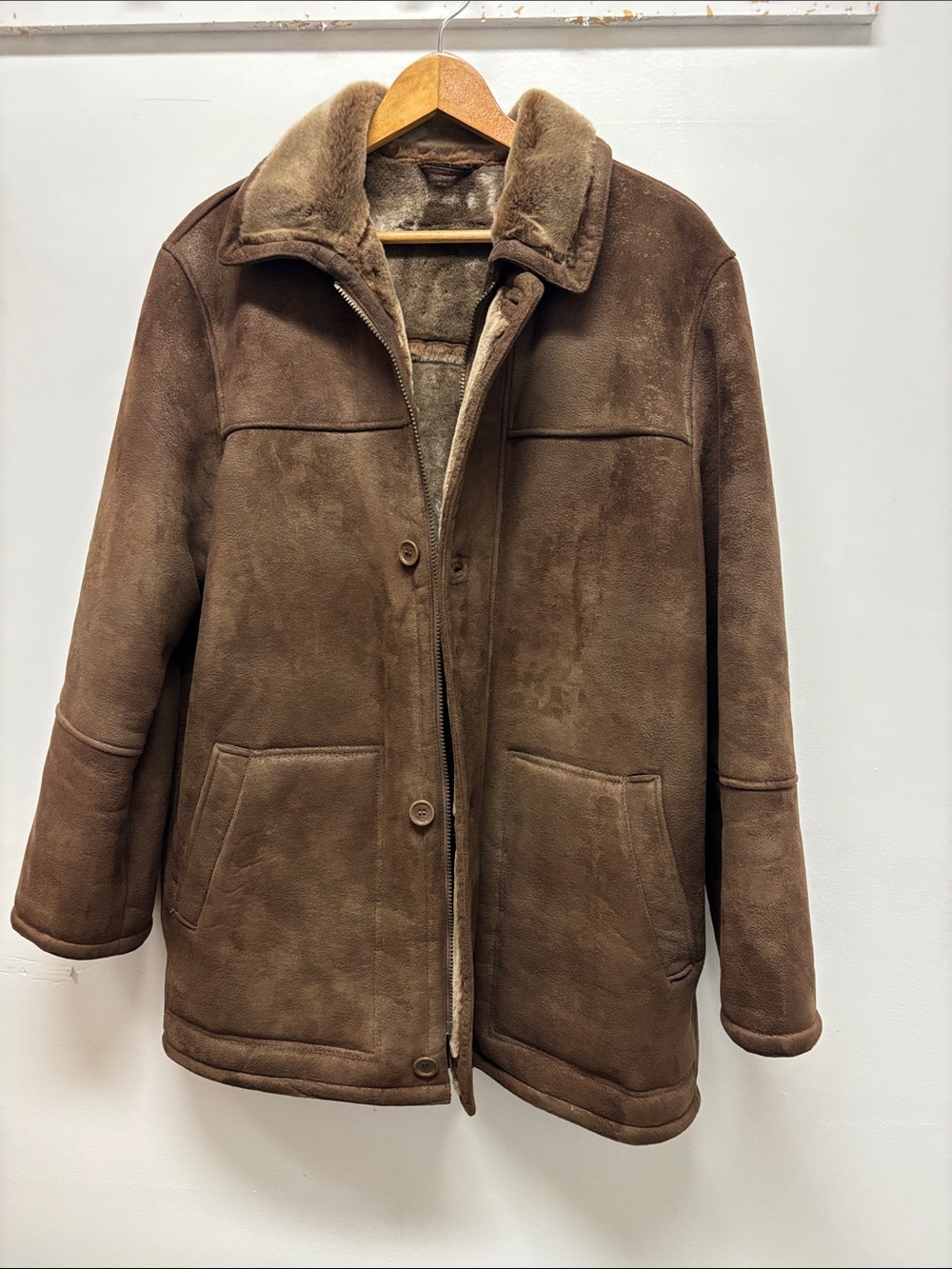 Men's Brown faux Shearling Coat - Classic Suede Look